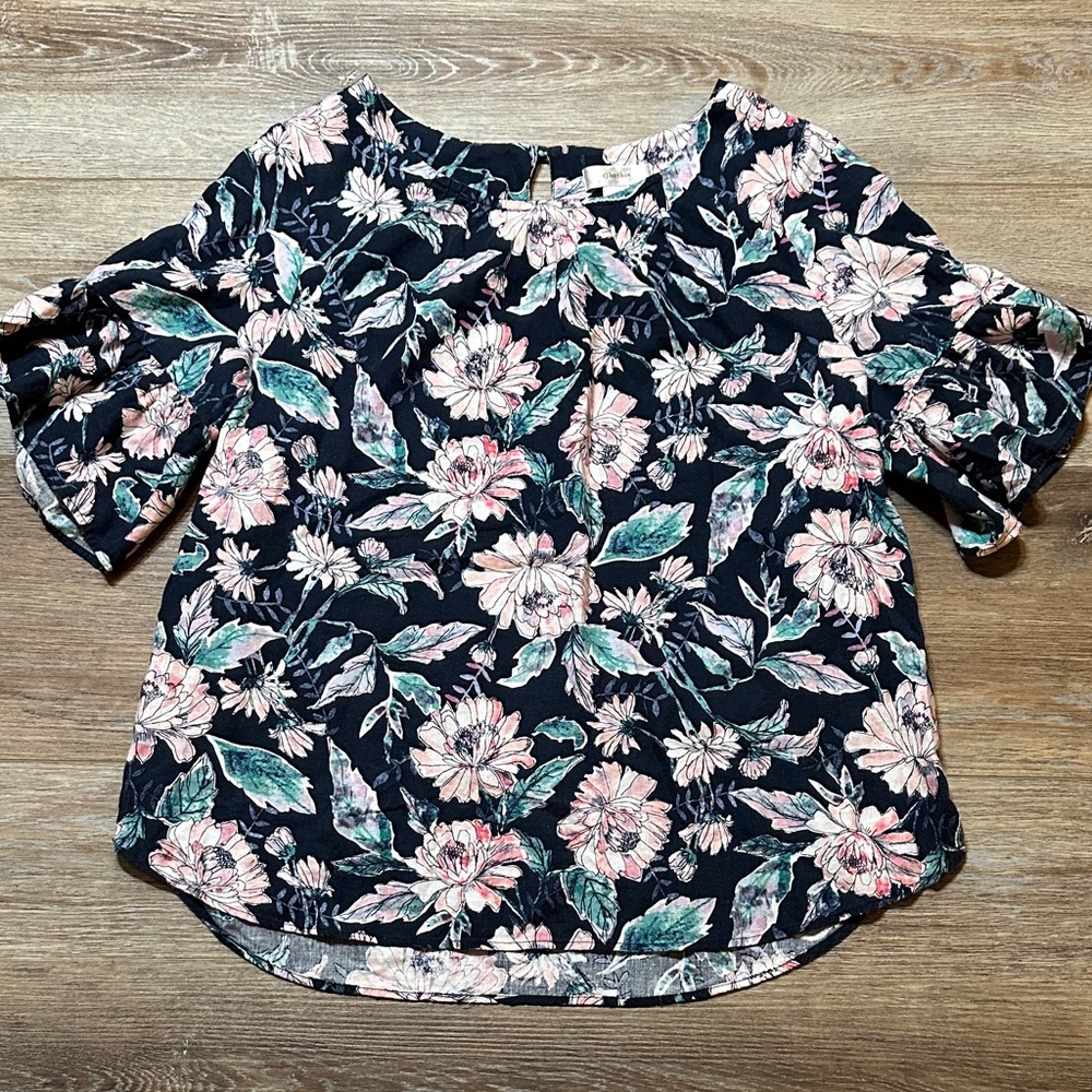 CJ Banks Navy Floral Blouse with light Pink and Green Hues
